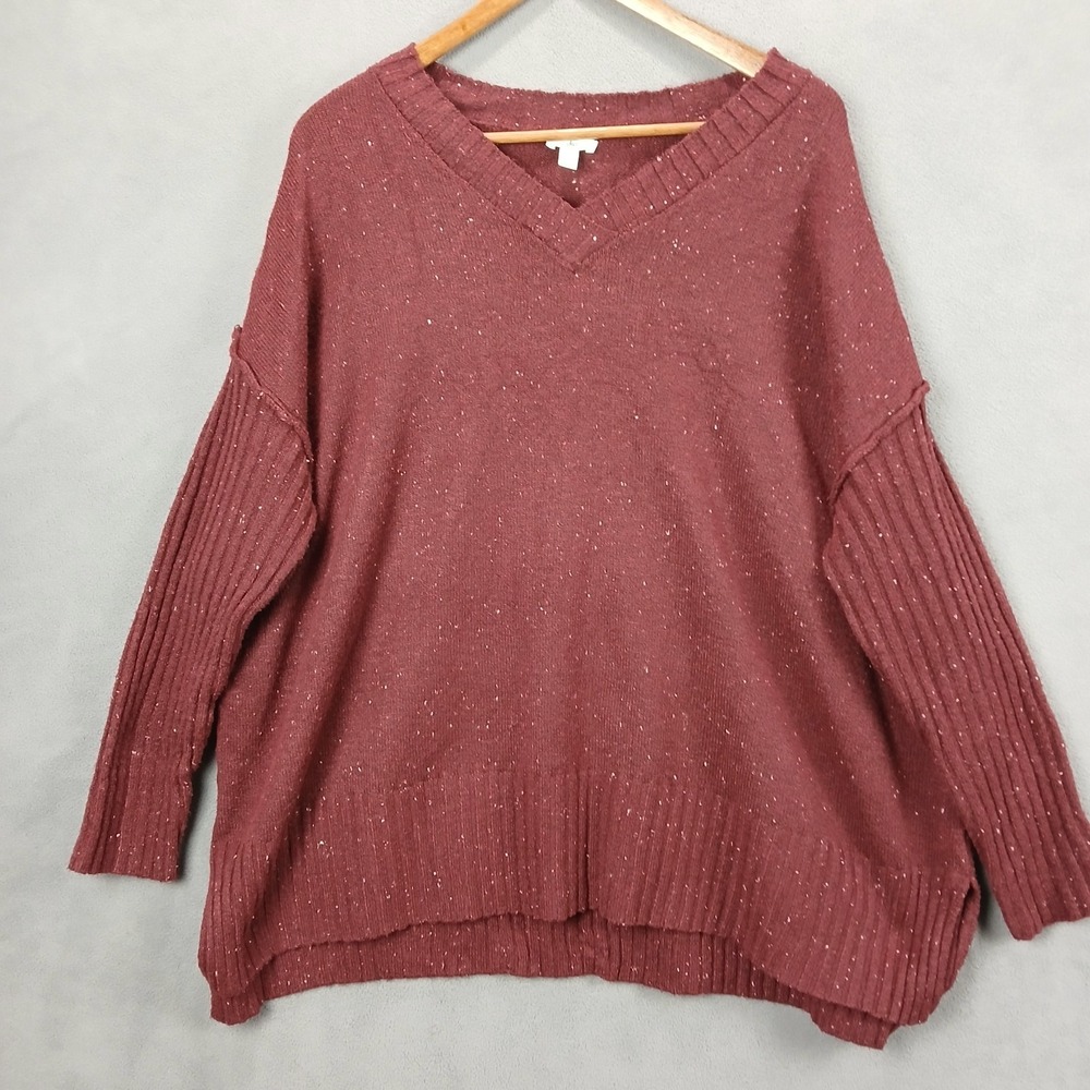 Dip Sweater Womens 2X Maroon Stretch Tight Knit Ribbed Drop Shoulder V Neck